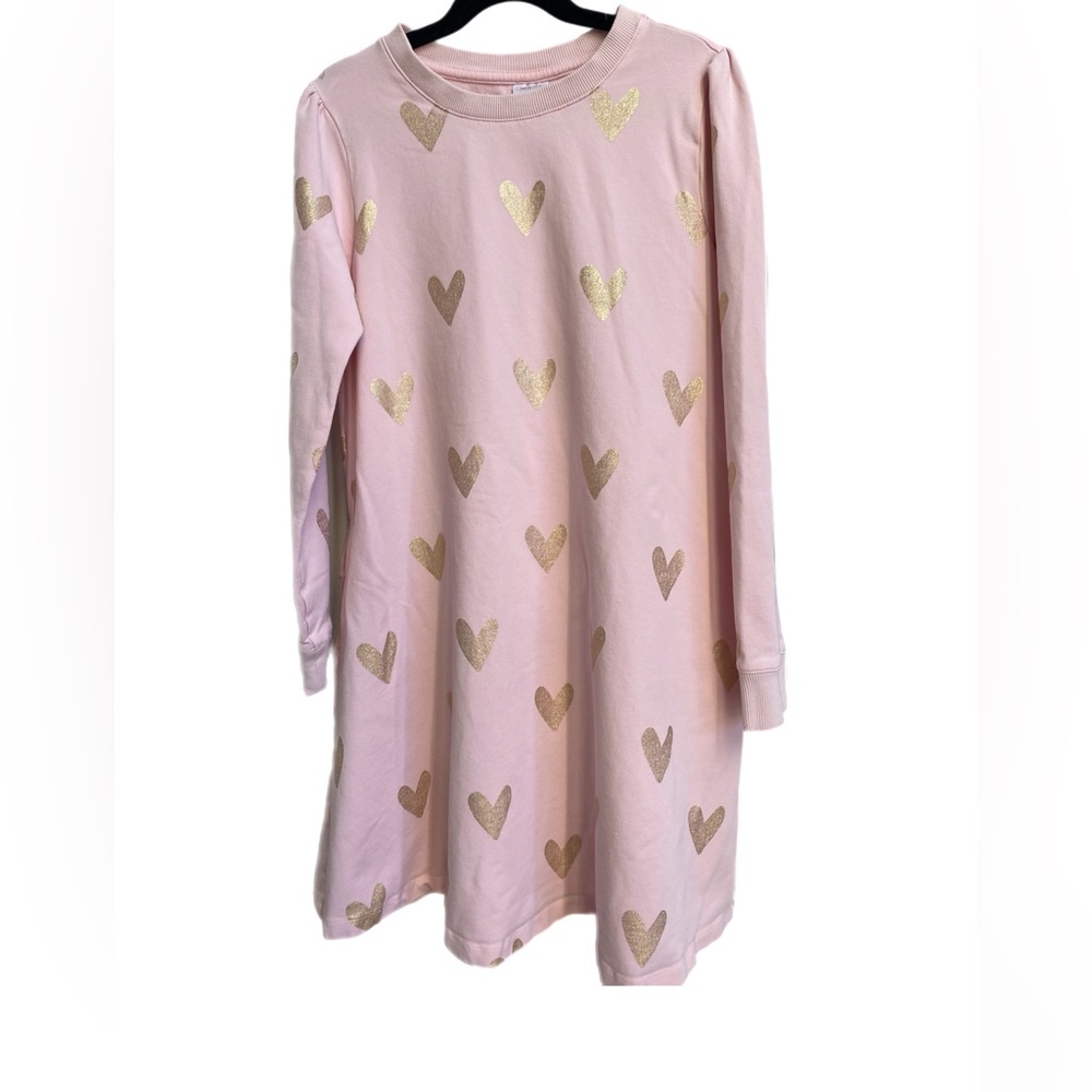 Hannah Anderson Pink Dress Gold Hearts Pockets Long Sleeve Organic Cotton Sz 12